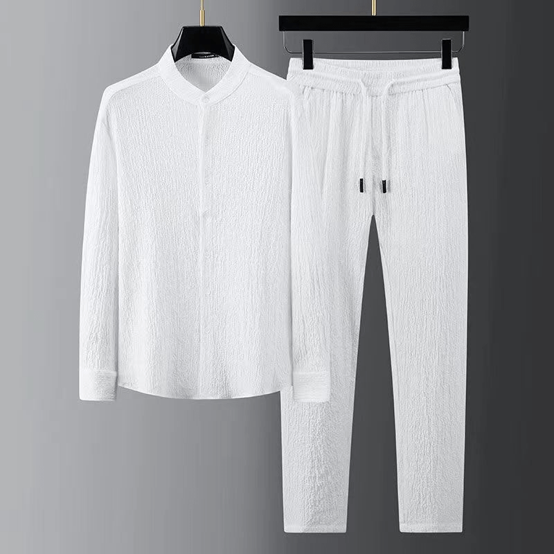 Textured Button-Front Shirt and Drawstring Trousers Set