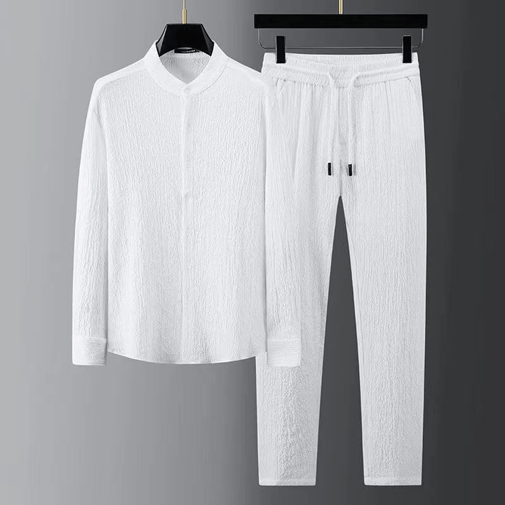 Textured Button-Front Shirt and Drawstring Trousers Set