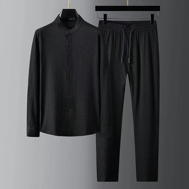 Textured Button-Front Shirt and Drawstring Trousers Set