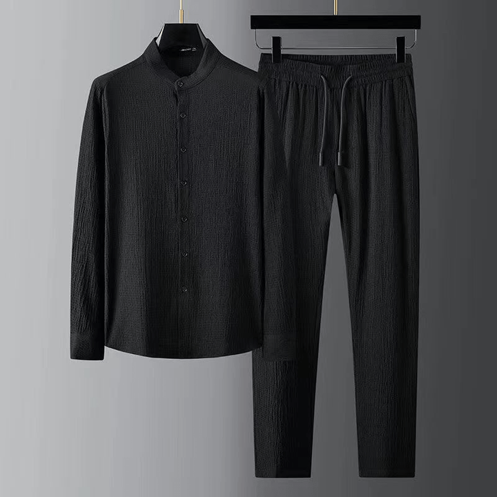 Textured Button-Front Shirt and Drawstring Trousers Set