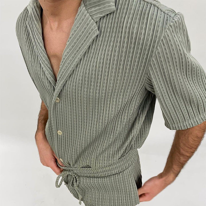 Textured Shirt and Drawstring Shorts Set
