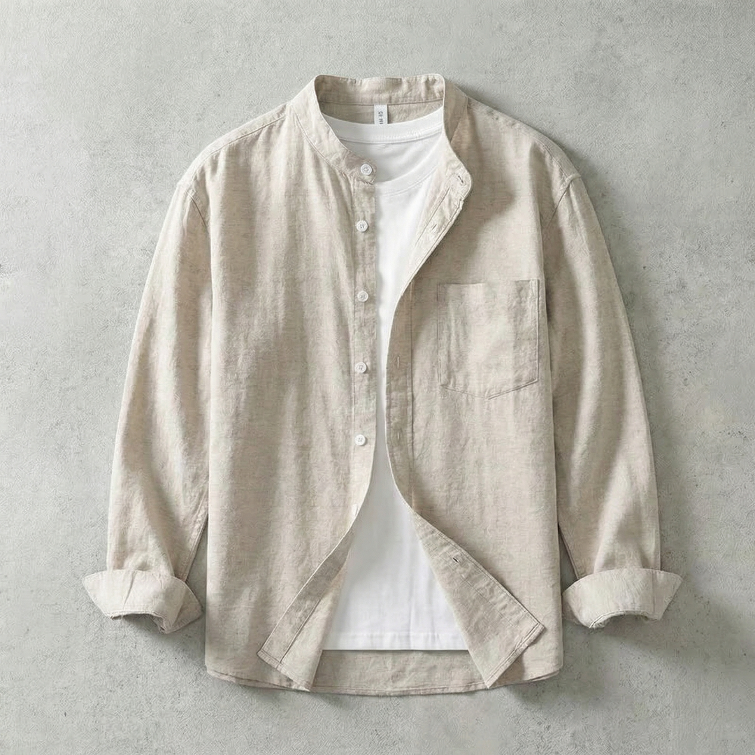 Linen-Look Mandarin Collar Shirt