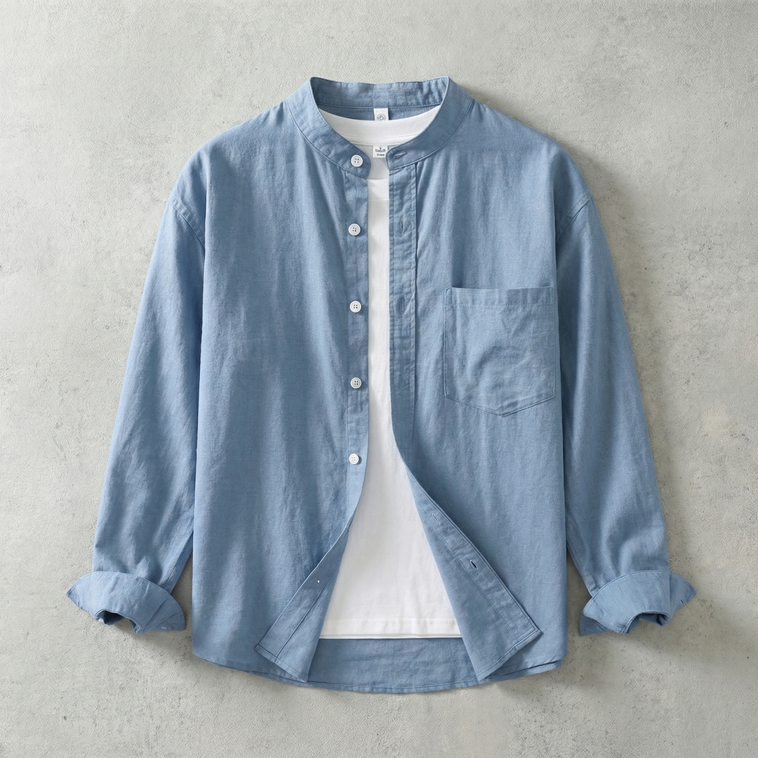 Linen-Look Mandarin Collar Shirt