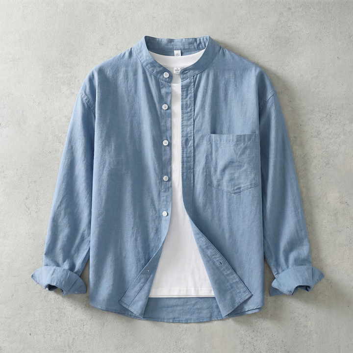 Linen-Look Mandarin Collar Shirt