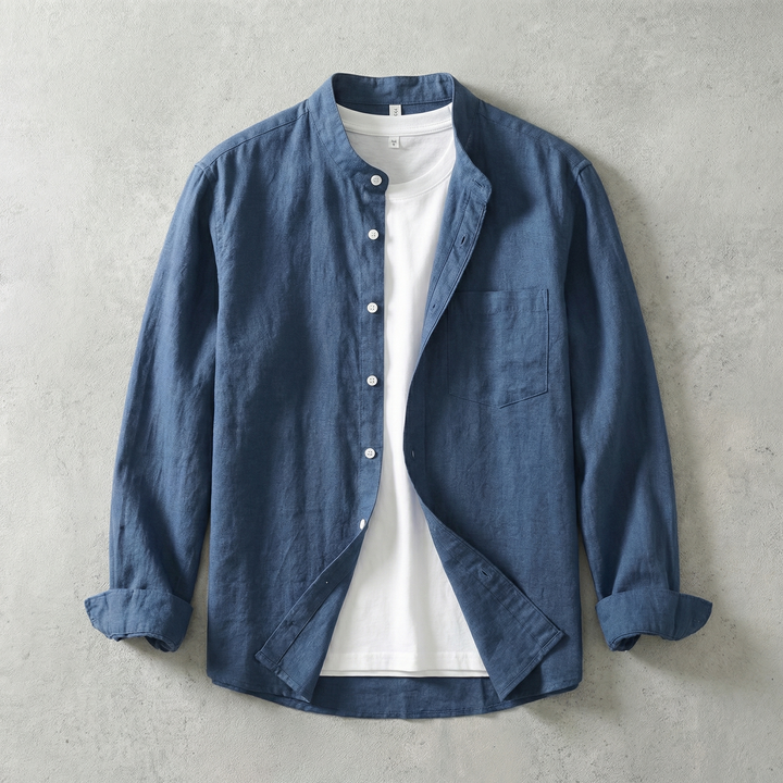 Linen-Look Mandarin Collar Shirt