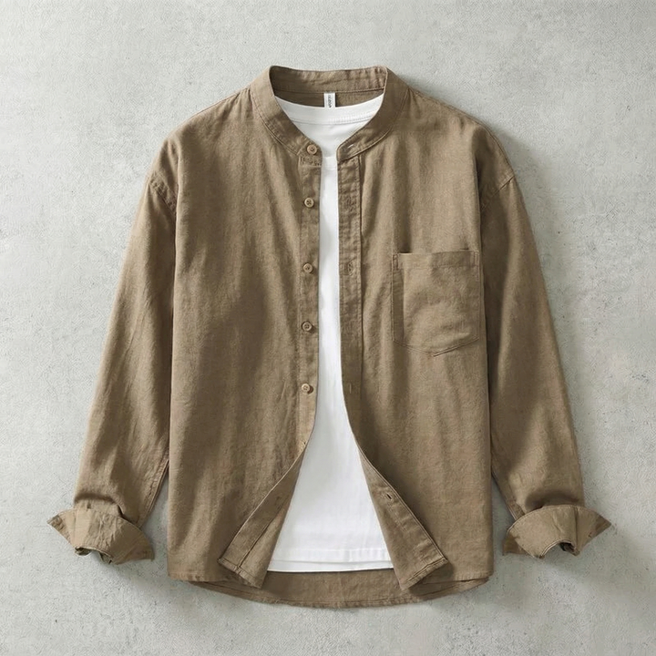Linen-Look Mandarin Collar Shirt