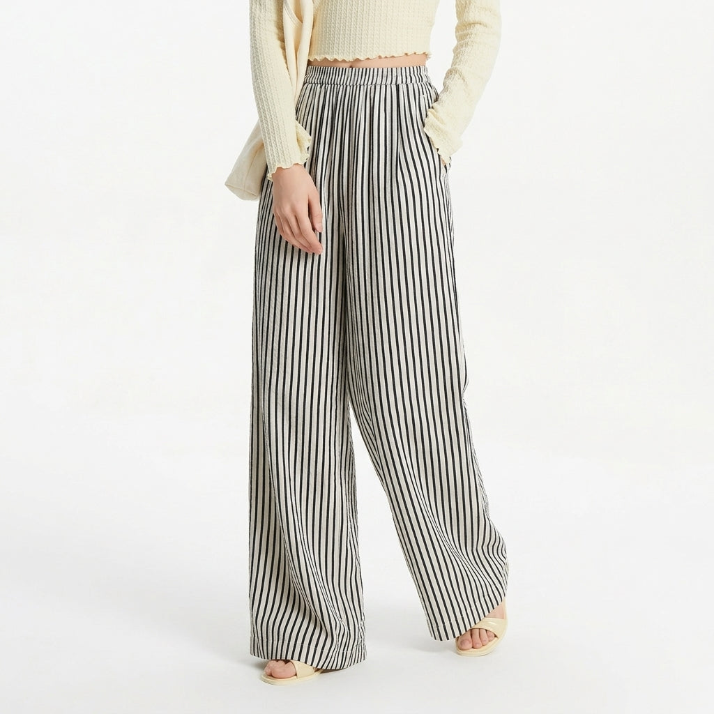 Striped Linen-Look Wide-Leg Trousers