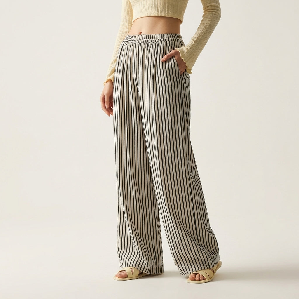 Striped Linen-Look Wide-Leg Trousers