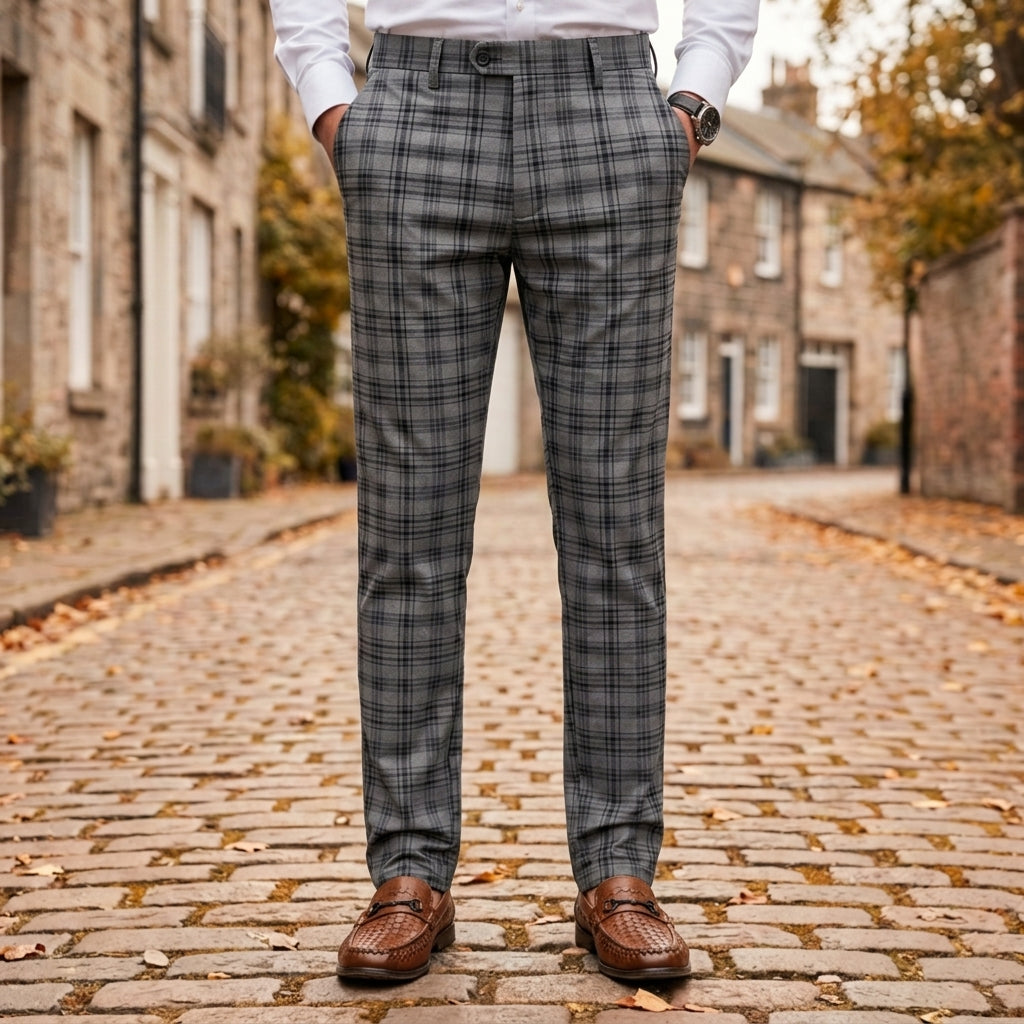 Tapered Plaid Check Trousers