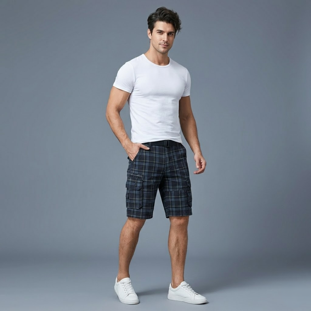 Multi-Pocket Plaid Cargo Shorts