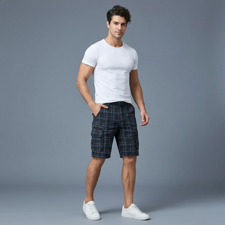 Multi-Pocket Plaid Cargo Shorts