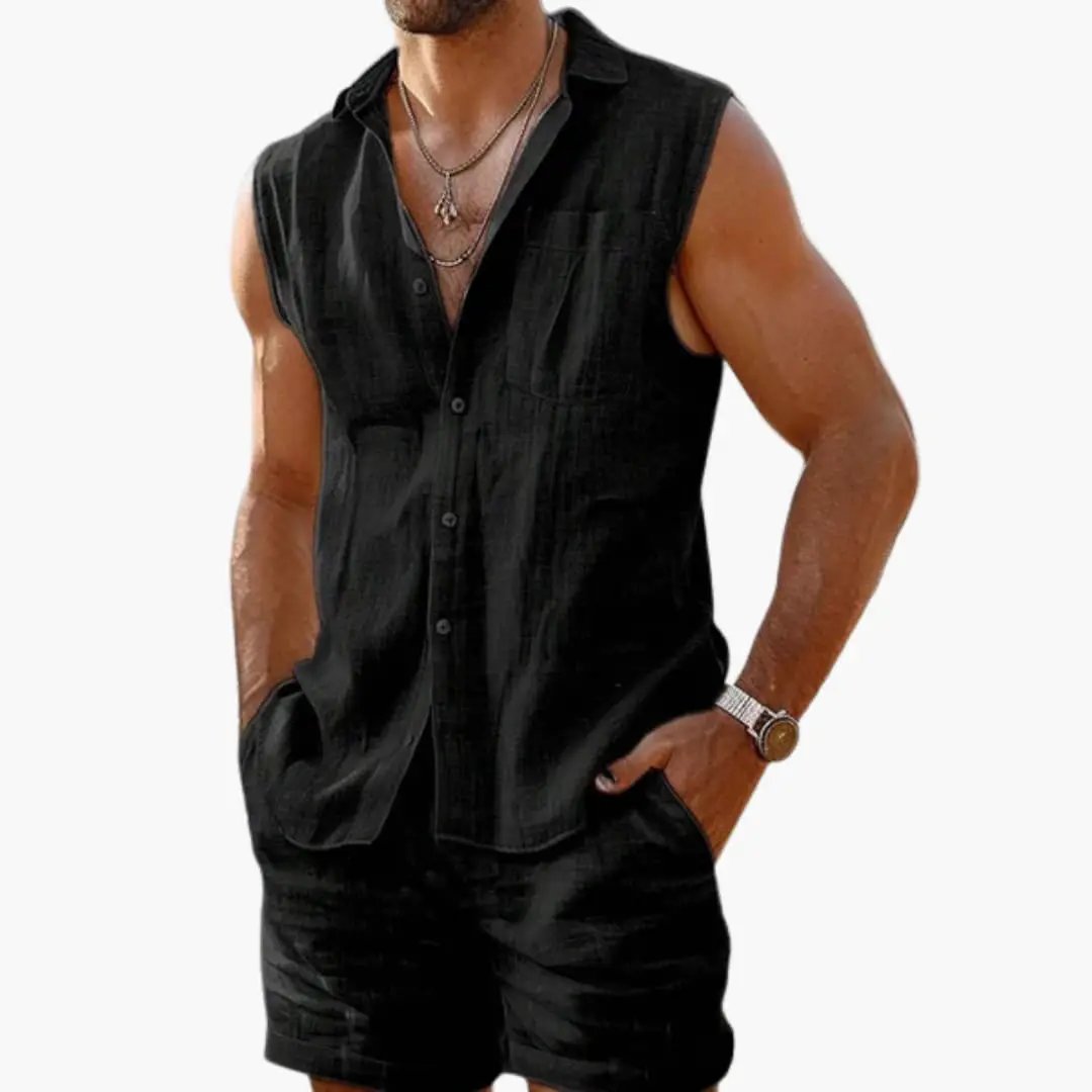Sleeveless Collared Shirt and Shorts Set