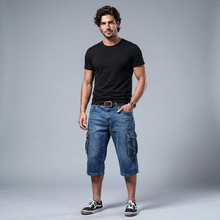 Multi-Pocket Denim Cargo Shorts