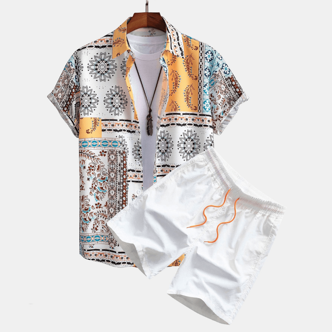 Patchwork Print Shirt and Drawstring Shorts Set