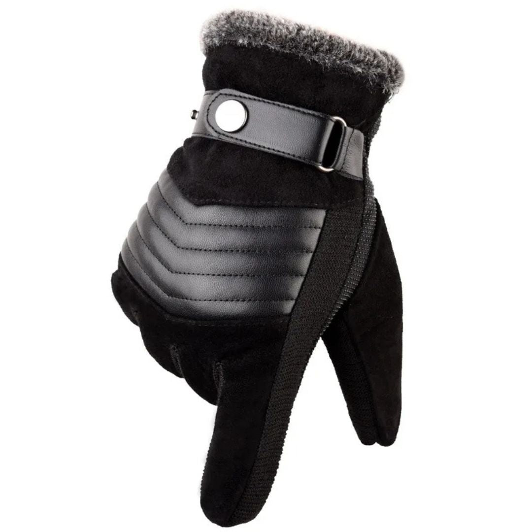 Touchscreen Winter Gloves with Leather-Look Strap - Black