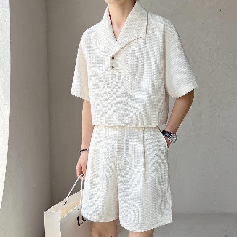 Waffle Texture Short Sleeve Shirt and Shorts Set