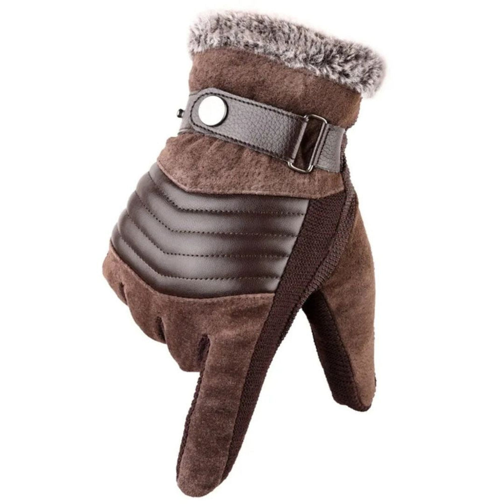 Touchscreen Winter Gloves with Leather-Look Strap - Brown