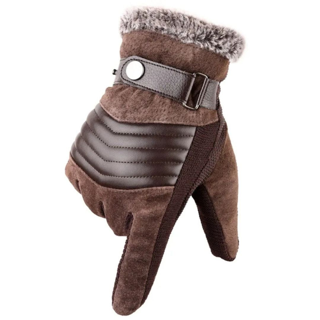 Touchscreen Winter Gloves with Leather-Look Strap - Brown