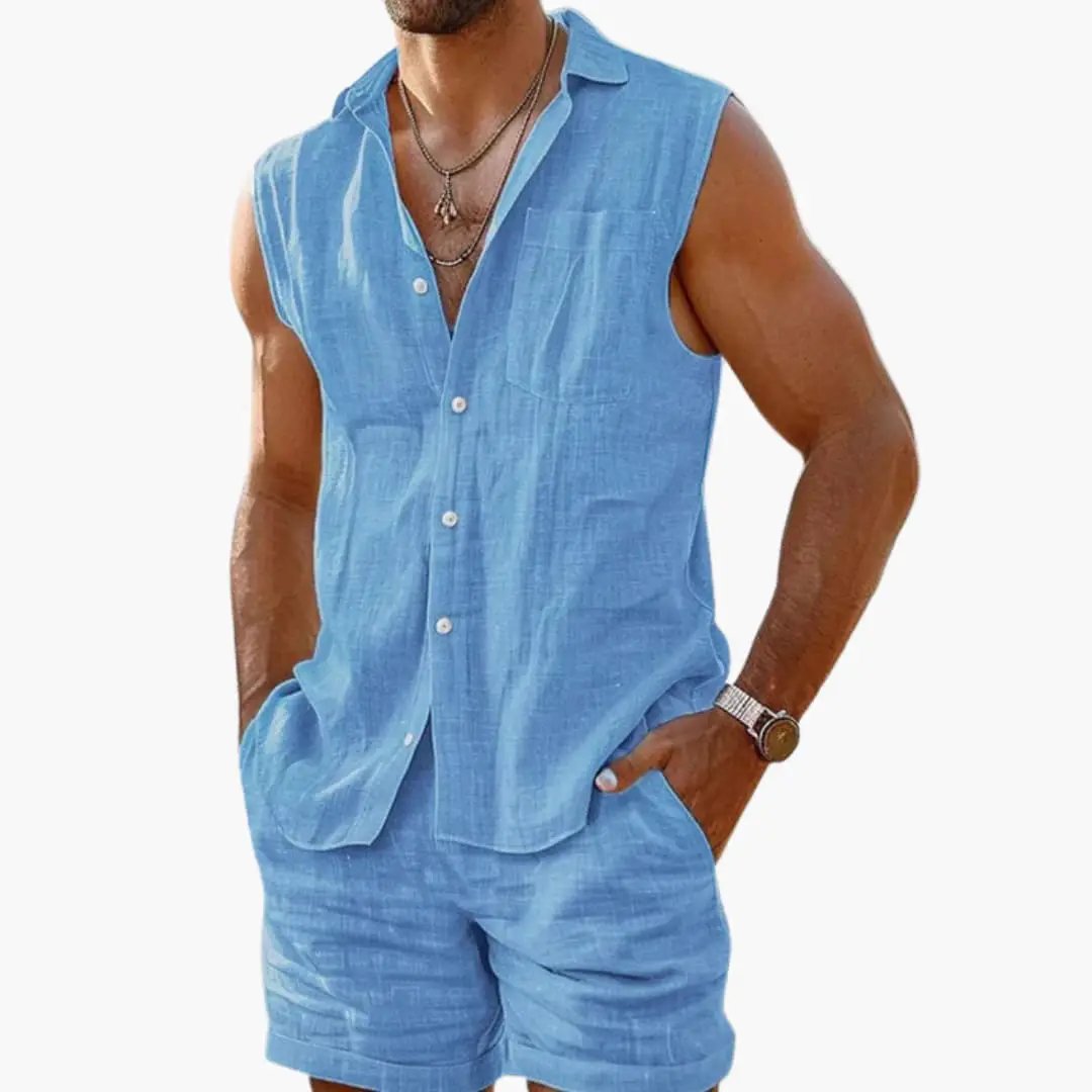 Sleeveless Collared Shirt and Shorts Set