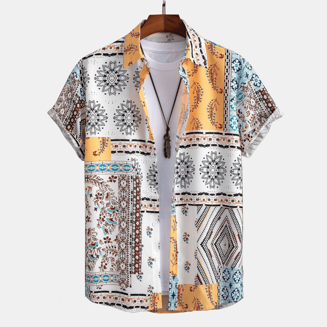 Patchwork Print Shirt and Drawstring Shorts Set