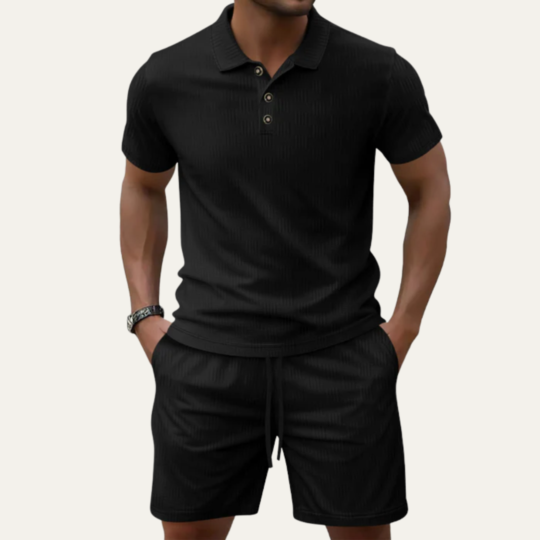 Textured Polo Shirt and Shorts Set
