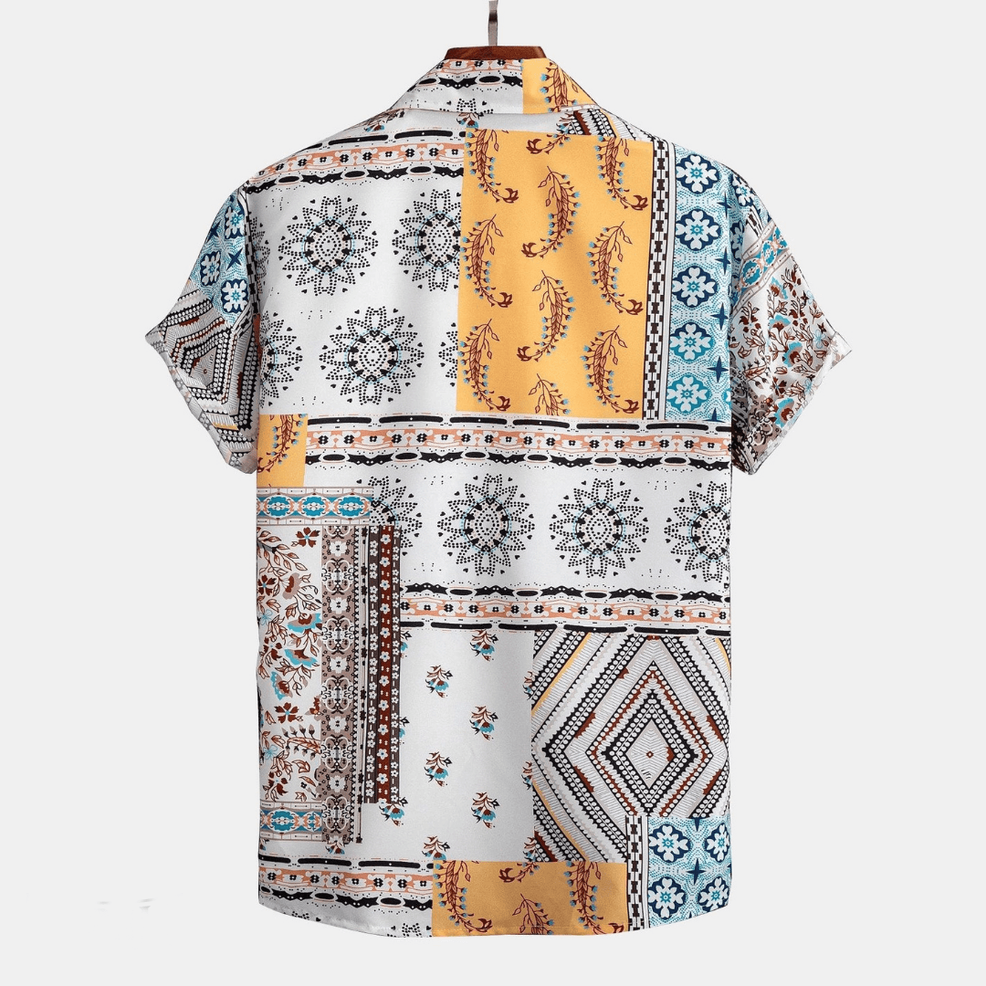 Patchwork Print Shirt and Drawstring Shorts Set