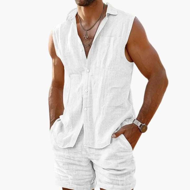 Sleeveless Collared Shirt and Shorts Set