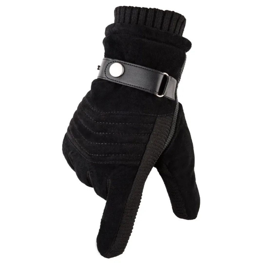 Touchscreen Winter Gloves with Leather-Look Strap - Black Knit