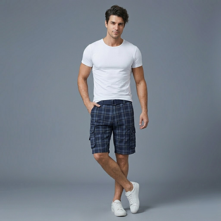 Multi-Pocket Plaid Cargo Shorts