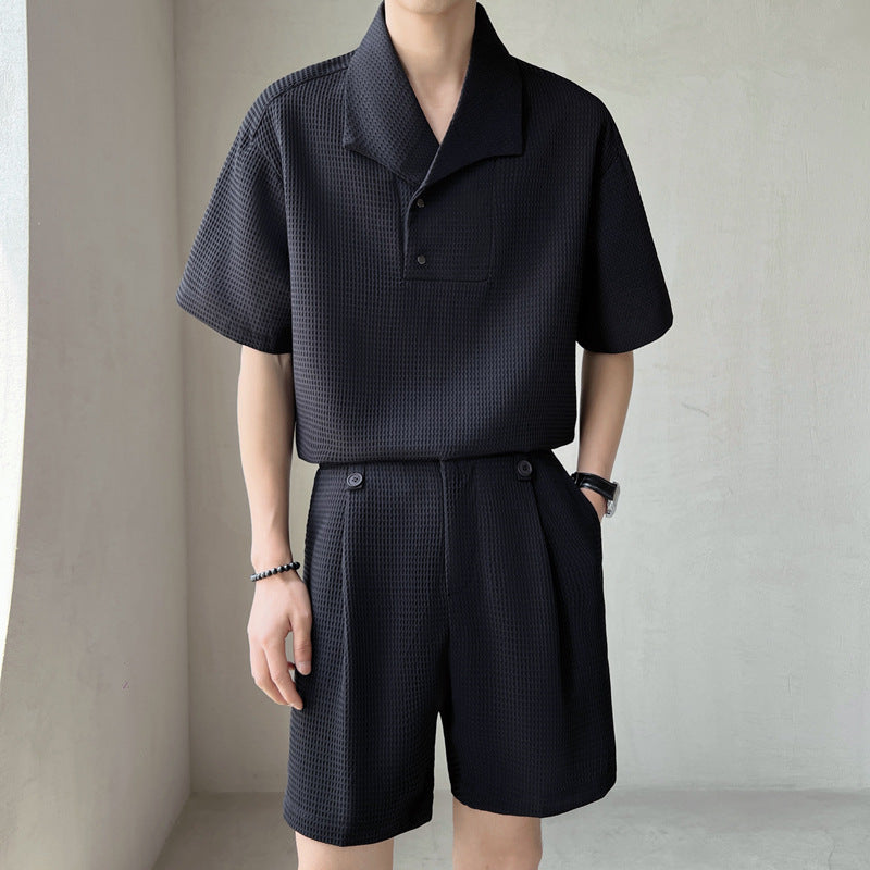 Waffle Texture Short Sleeve Shirt and Shorts Set