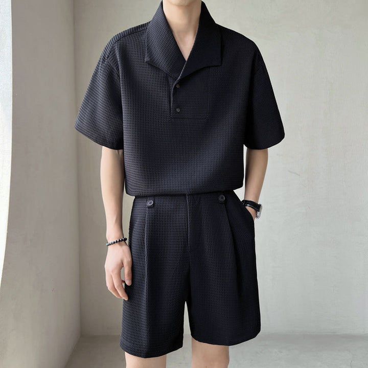 Waffle Texture Short Sleeve Shirt and Shorts Set