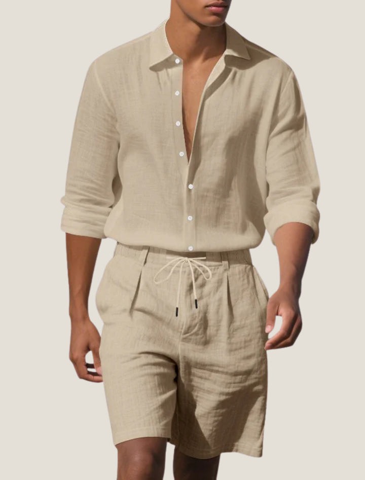 Linen-Look Long Sleeve Shirt and Drawstring Shorts Set