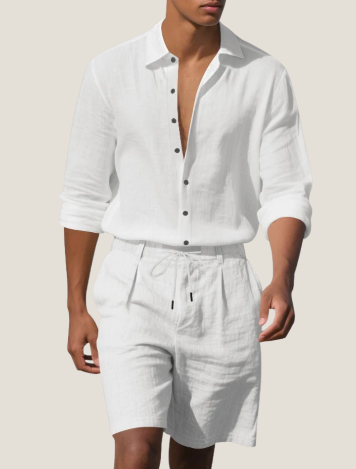 Linen-Look Long Sleeve Shirt and Drawstring Shorts Set