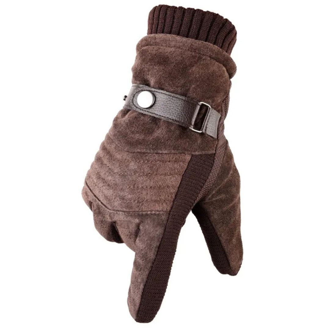 Touchscreen Winter Gloves with Leather-Look Strap - Brown Knit