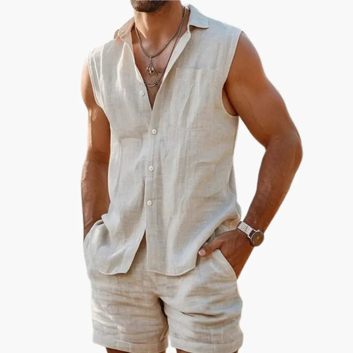 Sleeveless Collared Shirt and Shorts Set