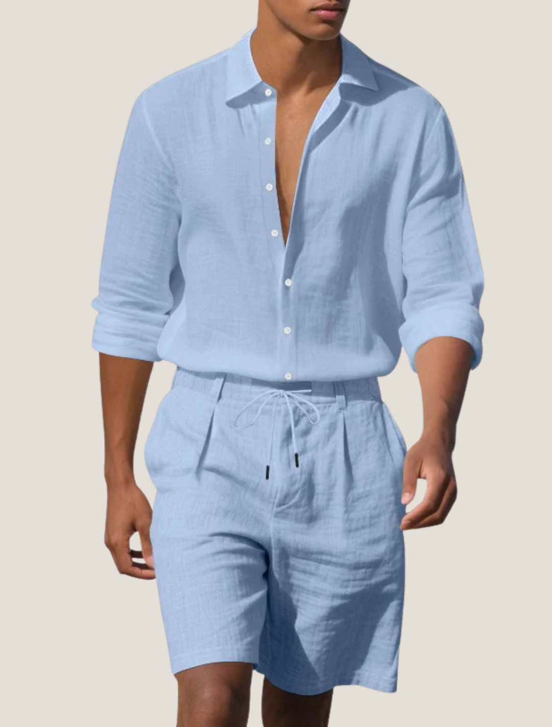 Linen-Look Long Sleeve Shirt and Drawstring Shorts Set