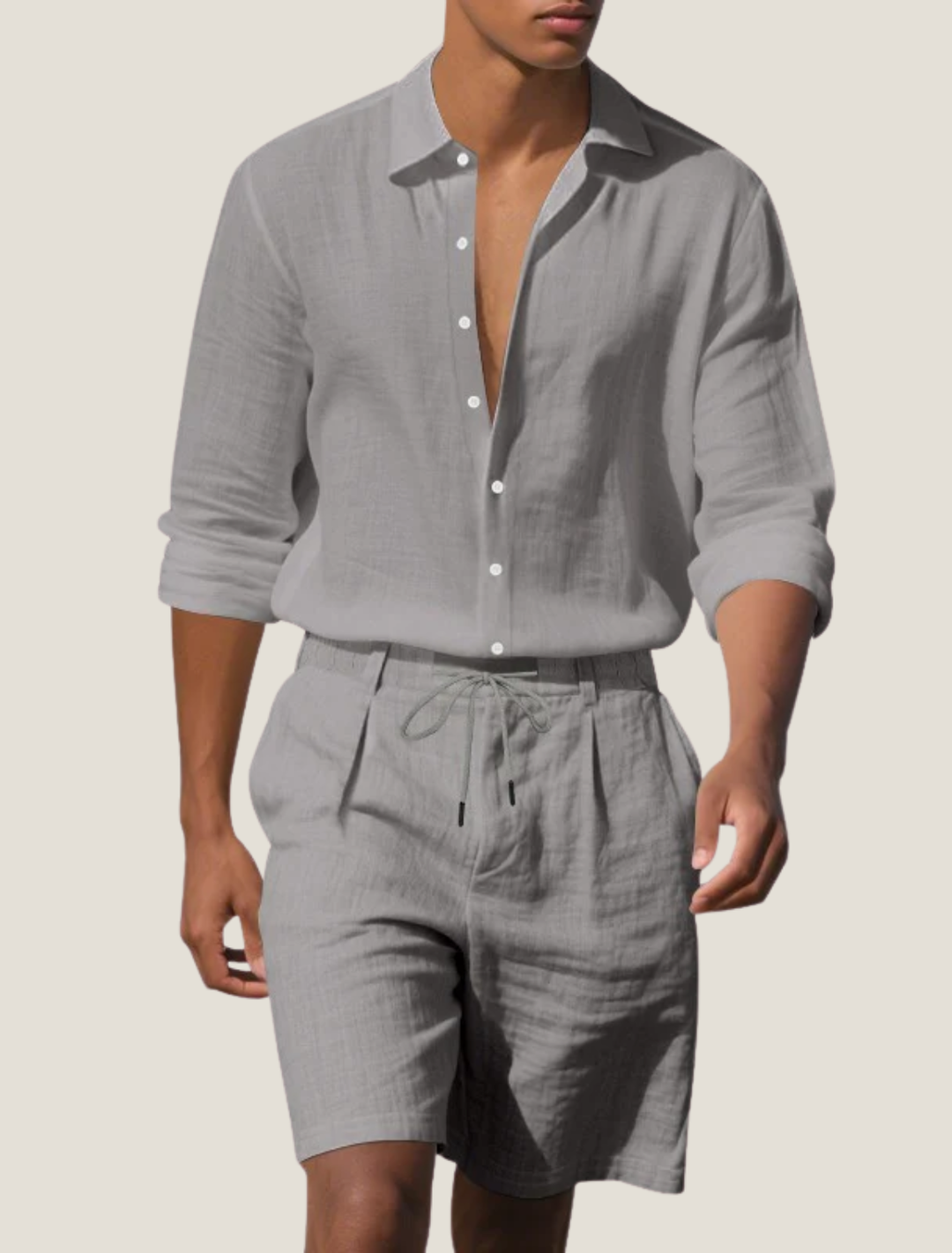 Linen-Look Long Sleeve Shirt and Drawstring Shorts Set