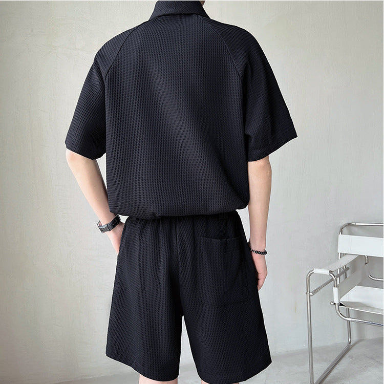 Waffle Texture Short Sleeve Shirt and Shorts Set