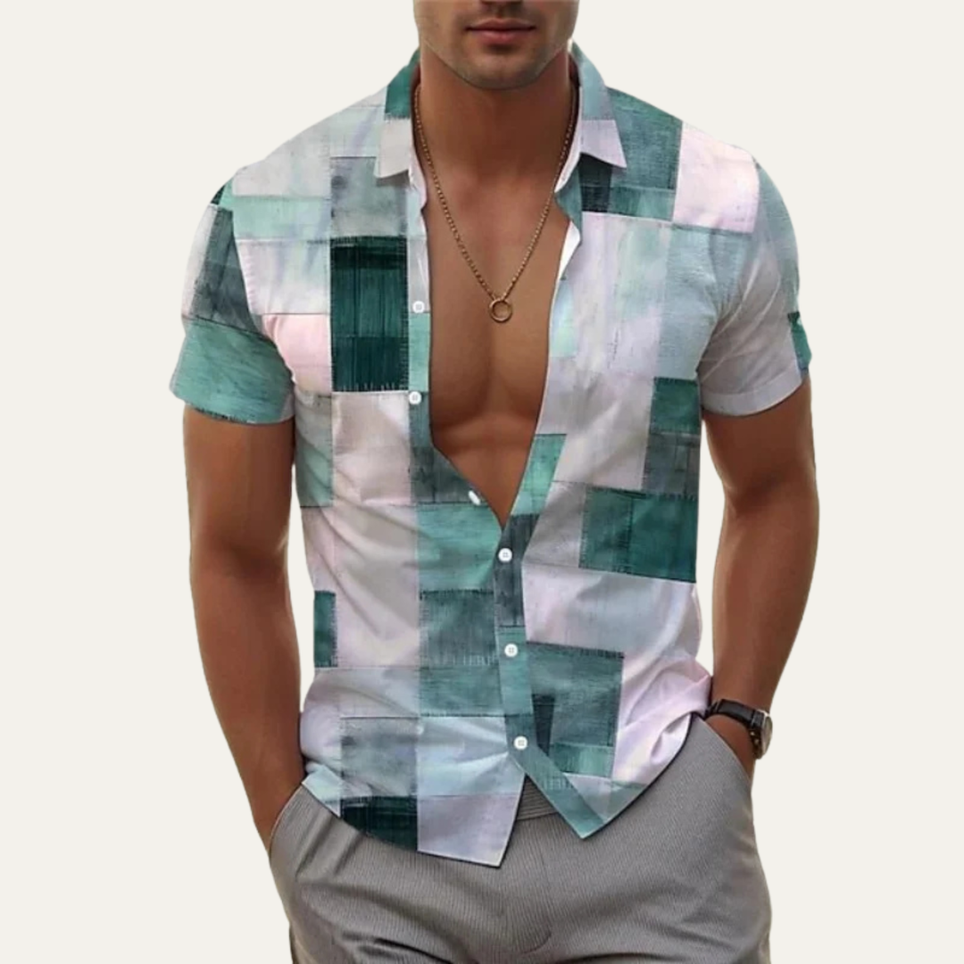 Patchwork Short Sleeve Button-Up Shirt