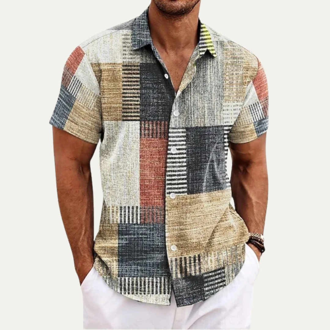 Patchwork Short Sleeve Button-Up Shirt