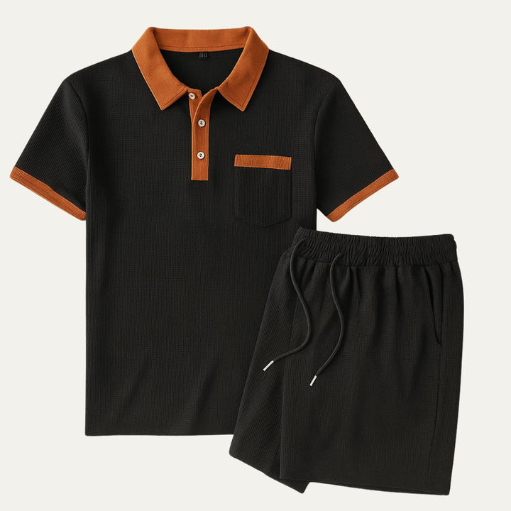 Contrast Trim Polo Shirt and Drawstring Shorts Set