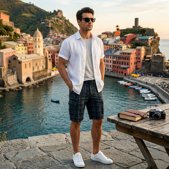 Multi-Pocket Plaid Cargo Shorts