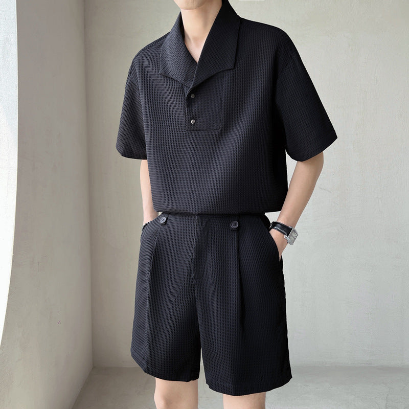 Waffle Texture Short Sleeve Shirt and Shorts Set