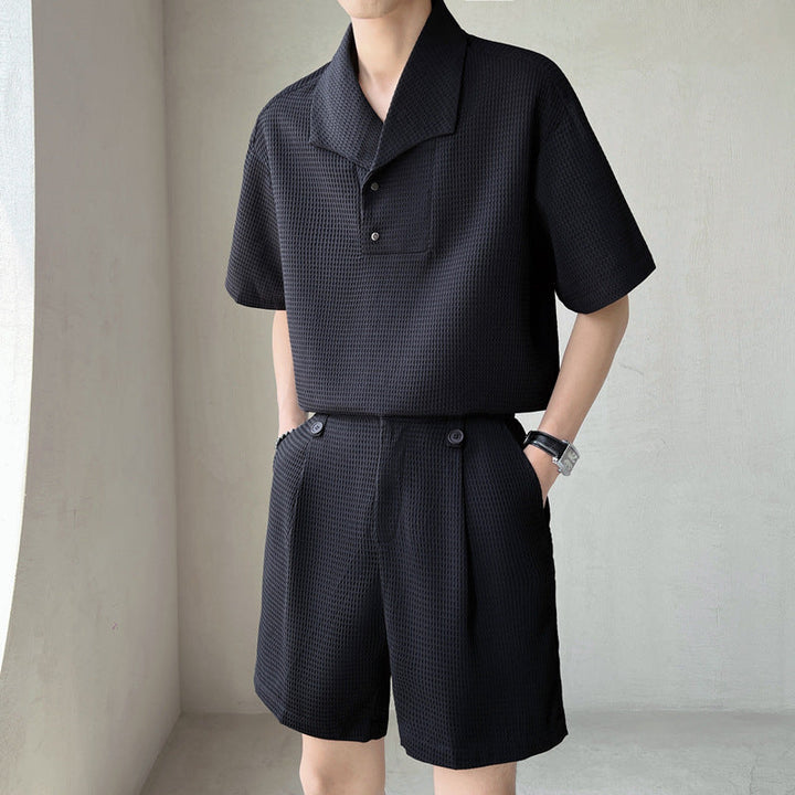 Waffle Texture Short Sleeve Shirt and Shorts Set