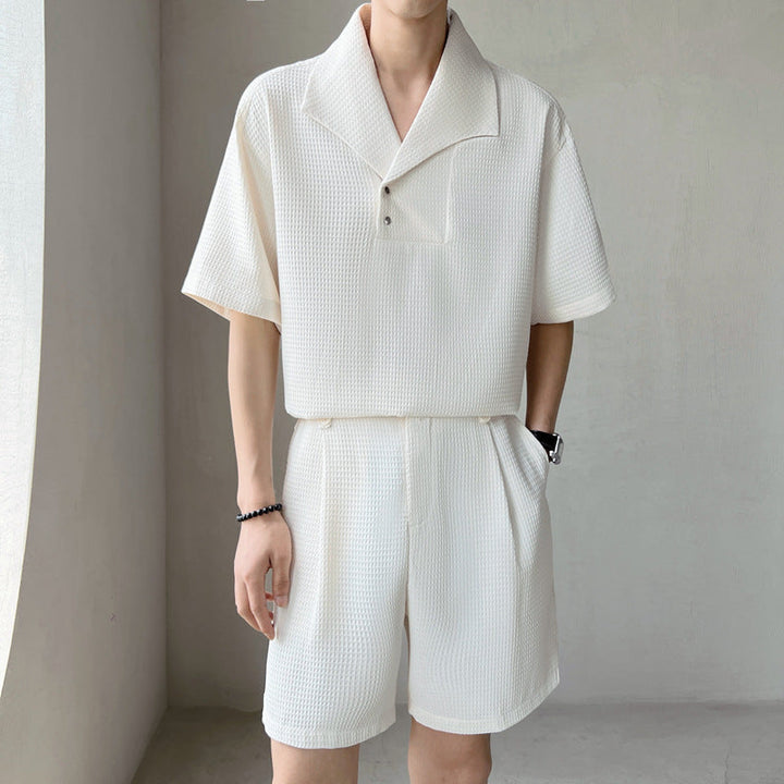 Waffle Texture Short Sleeve Shirt and Shorts Set