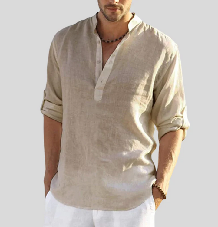 Linen-Look Folded Sleeve Shirt
