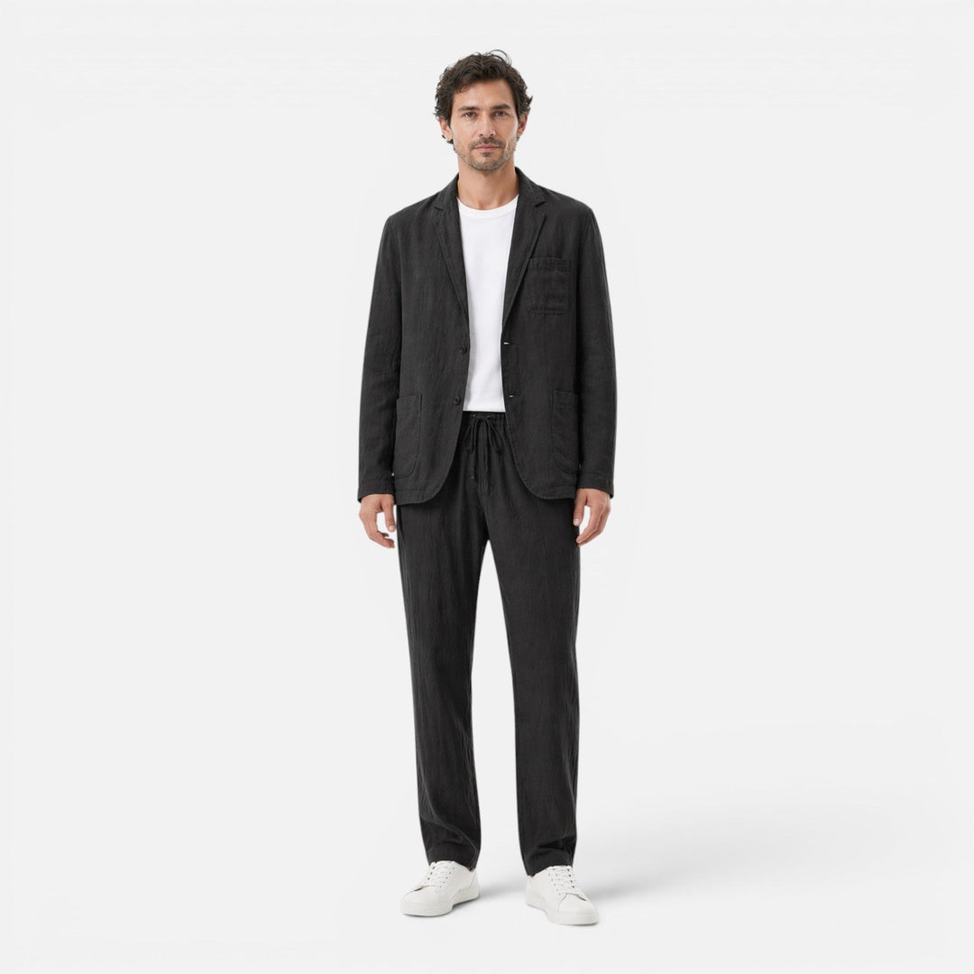 Linen-Look Blazer and Elastic Waist Trousers Set