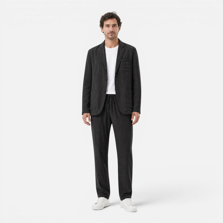 Linen-Look Blazer and Elastic Waist Trousers Set