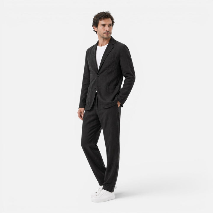 Linen-Look Blazer and Elastic Waist Trousers Set