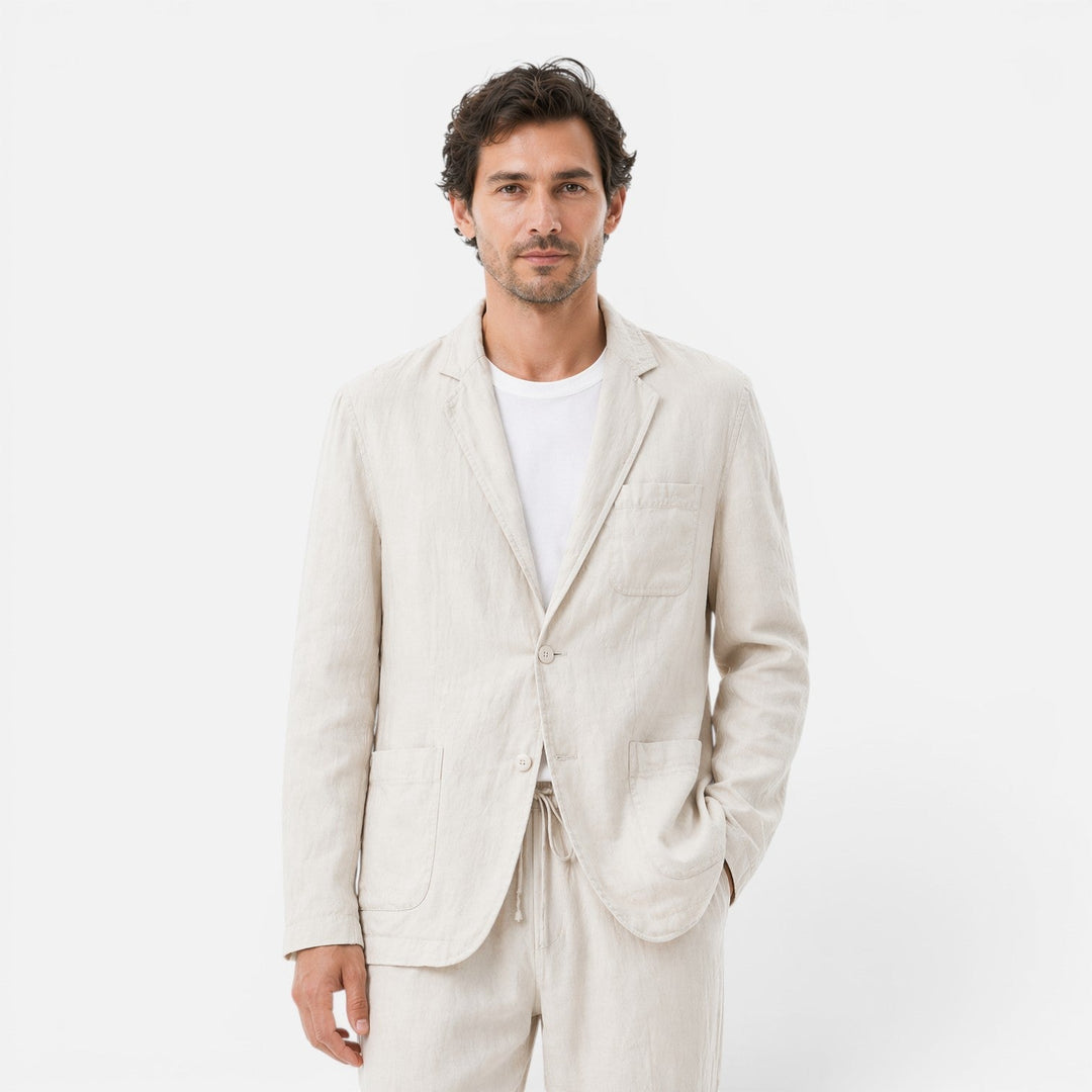 Linen-Look Blazer and Elastic Waist Trousers Set